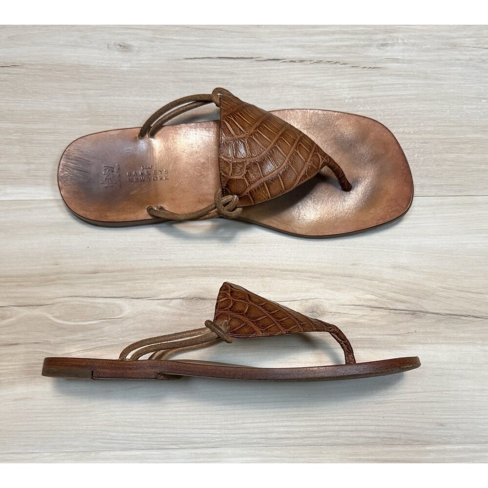 Henry Cuir Women's Brown Leather Sandals Thong Italy Embossed Size 38/ 7 US